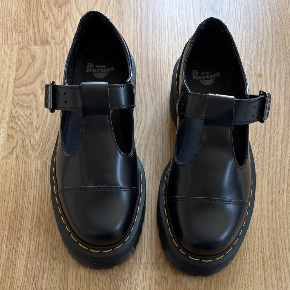 Dr. Martens Black T-Strap Mary Jane Shoes with Yellow Stitching